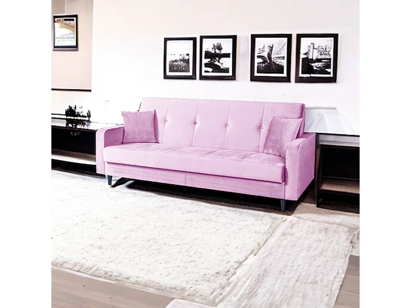 Sofa Luna Schlafsofa im skandinavisches Stil, Couch mit Schlaffunktion und Bettkasten, Polstersofa für Wohnzimmer 213 cm, rosa