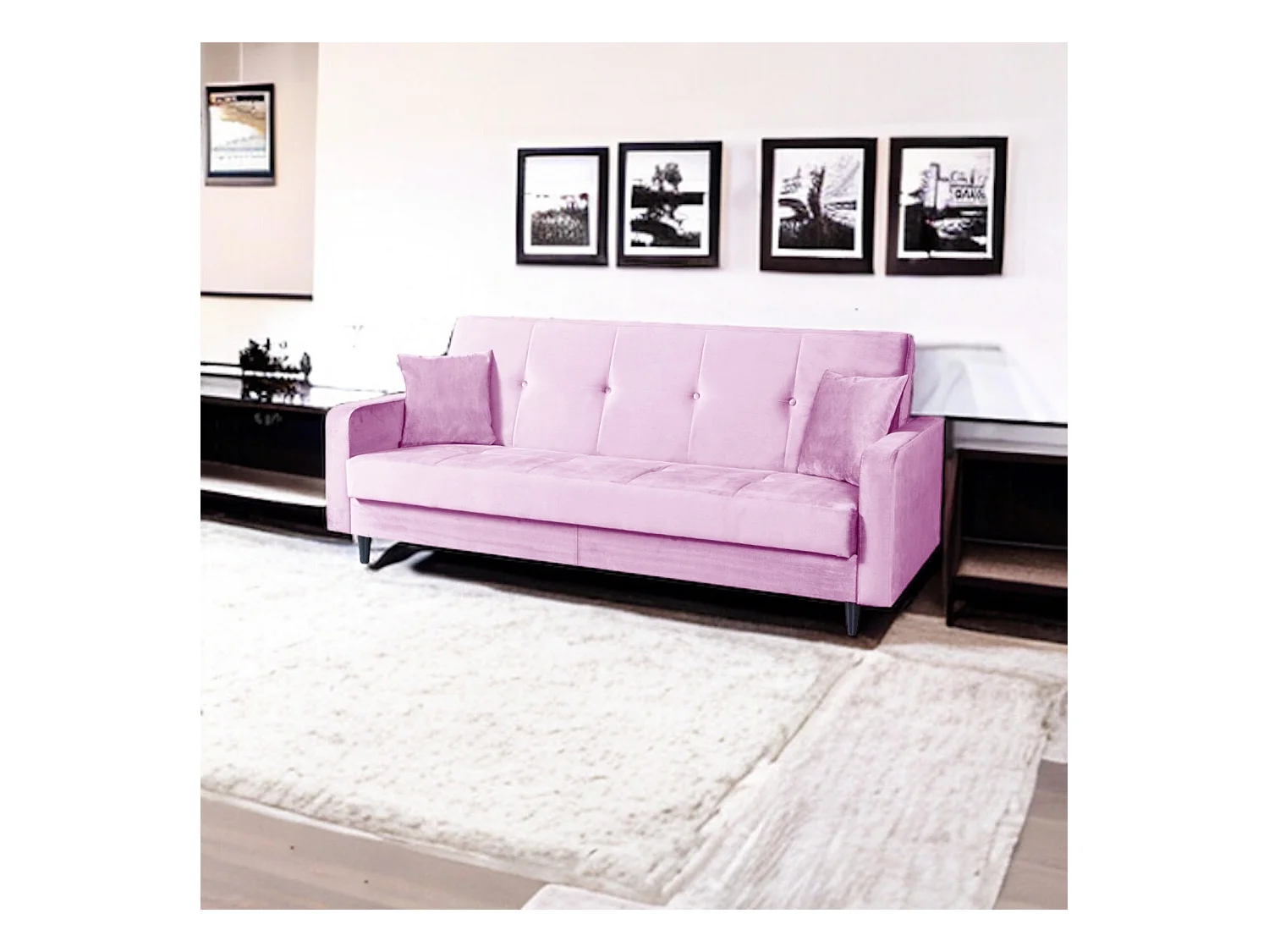 Sofa Luna Schlafsofa im skandinavisches Stil, Couch mit Schlaffunktion und Bettkasten, Polstersofa für Wohnzimmer 213 cm, rosa