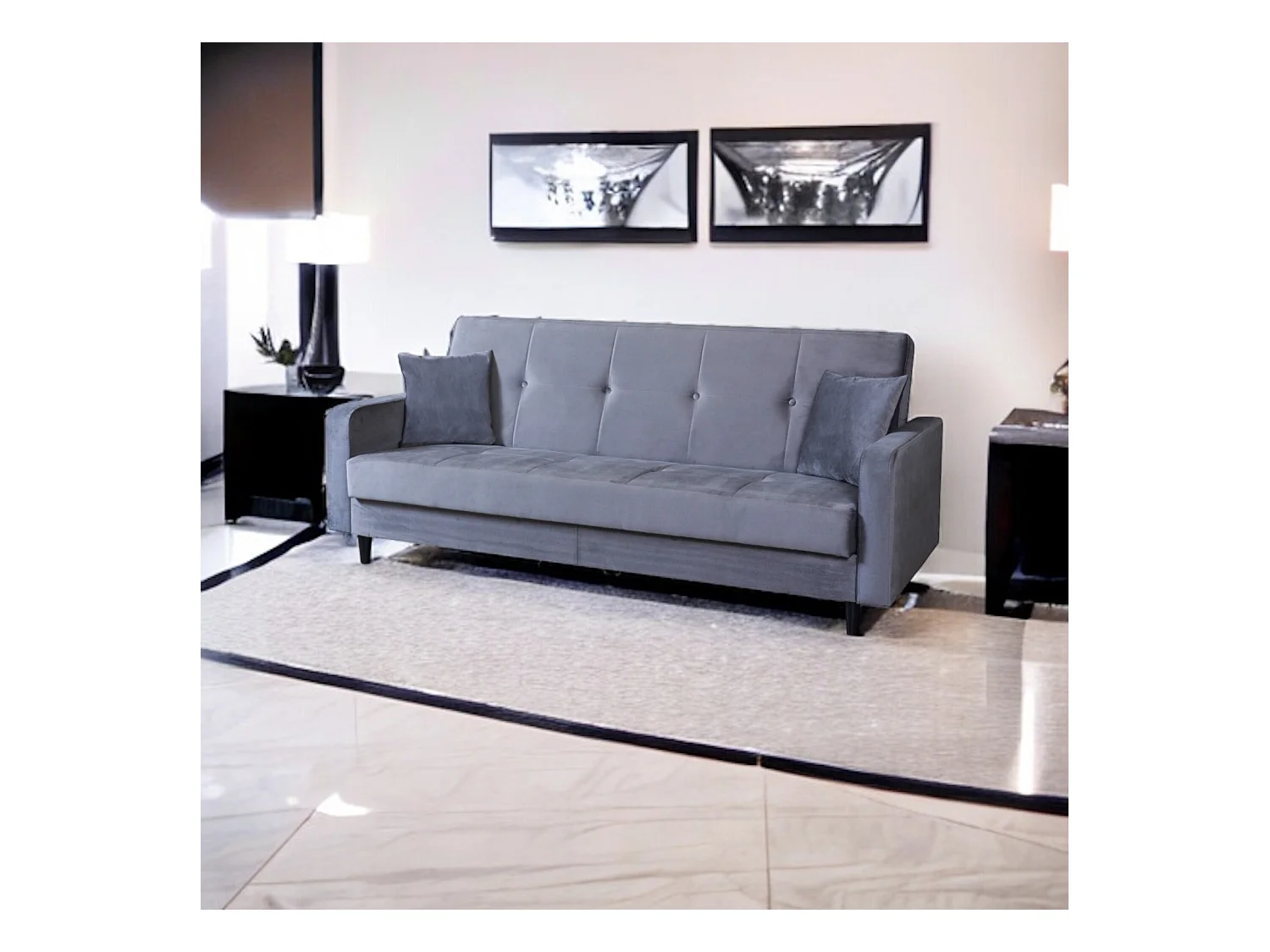 Sofa Luna Schlafsofa im skandinavisches Stil, Couch mit Schlaffunktion und Bettkasten, Polstersofa für Wohnzimmer 213 cm, grau