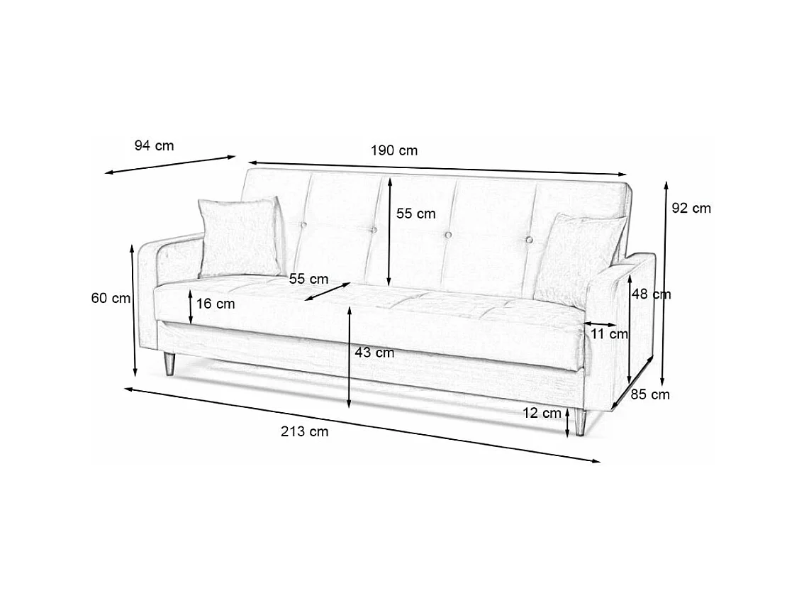 Sofa Luna Schlafsofa im skandinavisches Stil, Couch mit Schlaffunktion und Bettkasten, Polstersofa für Wohnzimmer 213 cm, grau