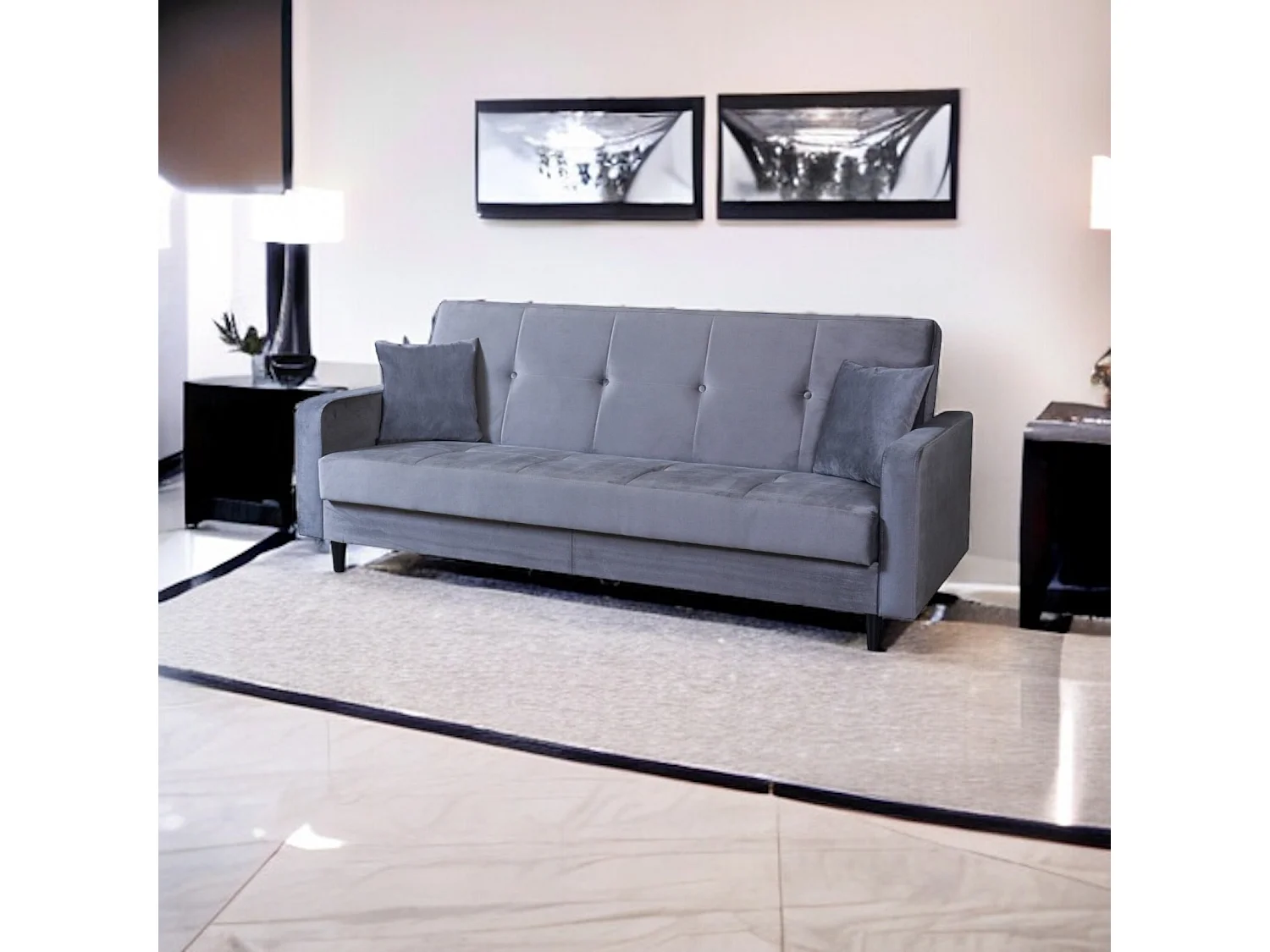 Sofa Luna Schlafsofa im skandinavisches Stil, Couch mit Schlaffunktion und Bettkasten, Polstersofa für Wohnzimmer 213 cm, grau