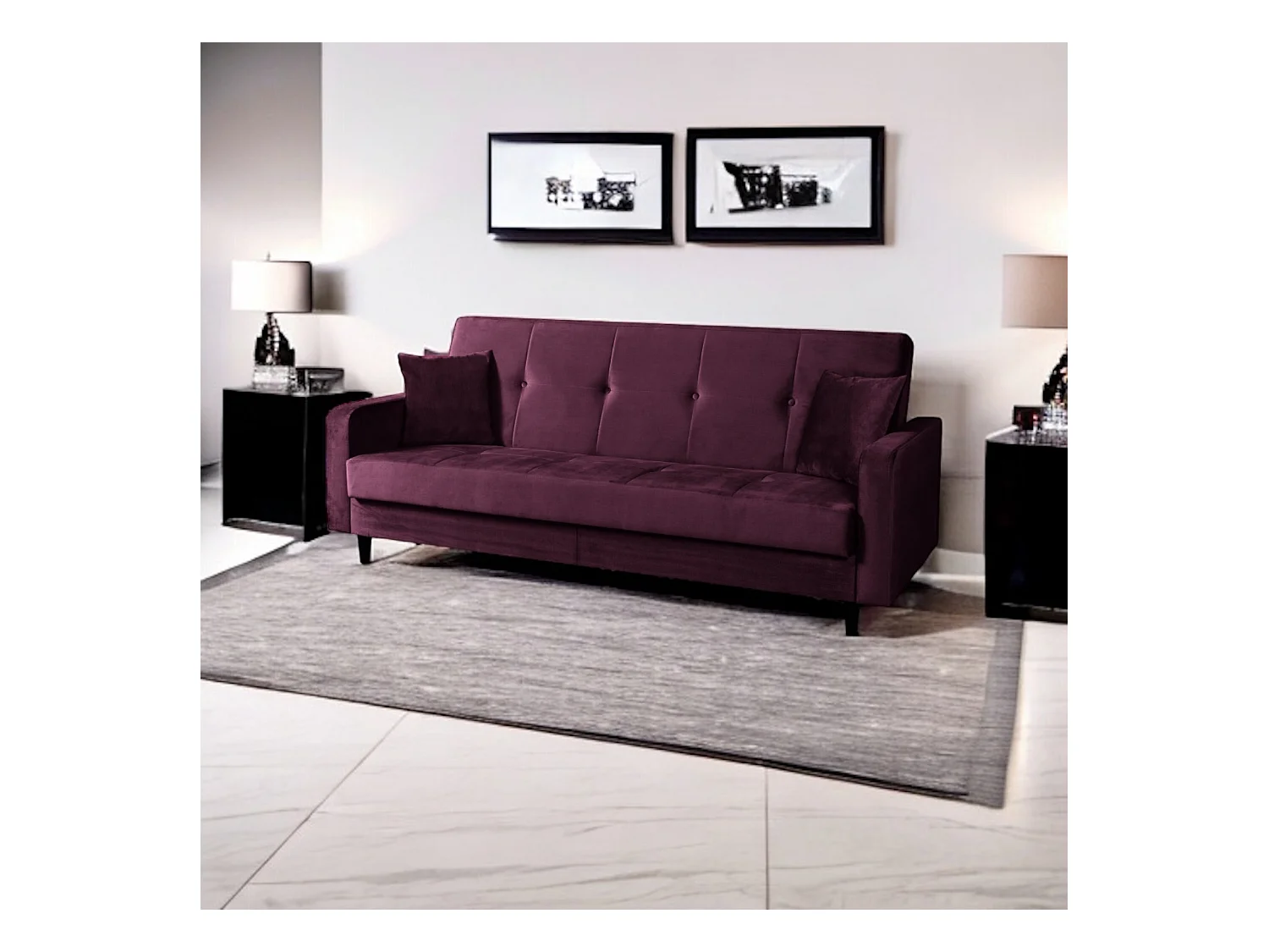 Sofa Luna Schlafsofa im skandinavisches Stil, Couch mit Schlaffunktion und Bettkasten, Polstersofa für Wohnzimmer 213 cm, weinrot