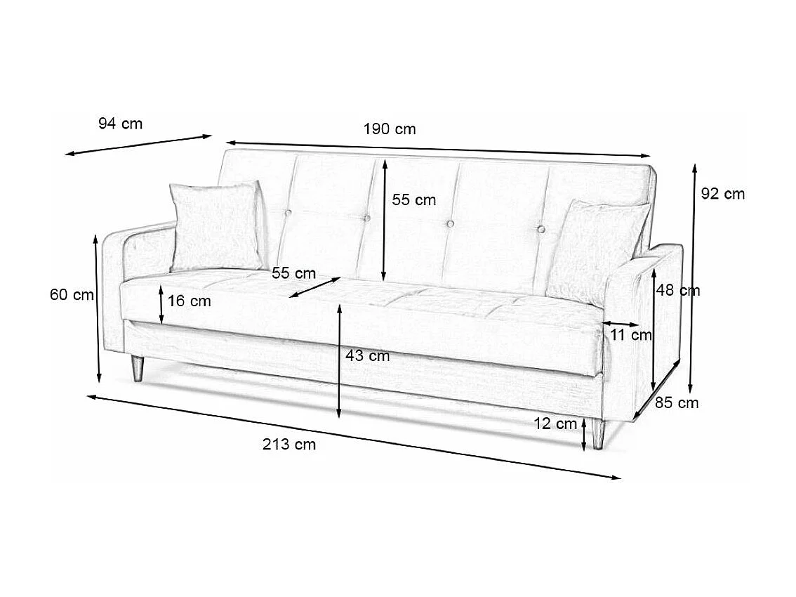 Sofa Luna Schlafsofa im skandinavisches Stil, Couch mit Schlaffunktion und Bettkasten, Polstersofa für Wohnzimmer 213 cm, weinrot