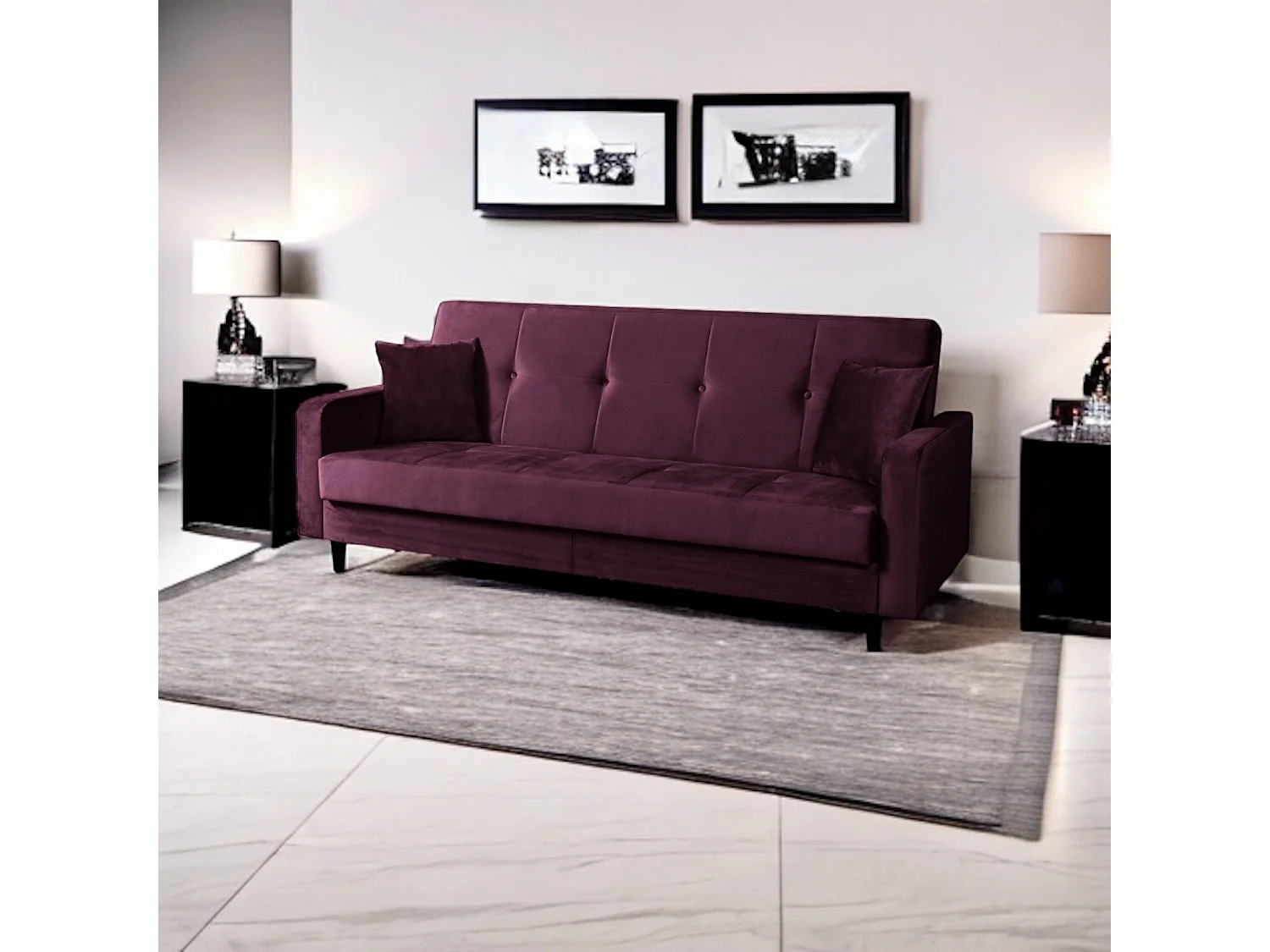 Sofa Luna Schlafsofa im skandinavisches Stil, Couch mit Schlaffunktion und Bettkasten, Polstersofa für Wohnzimmer 213 cm, weinrot