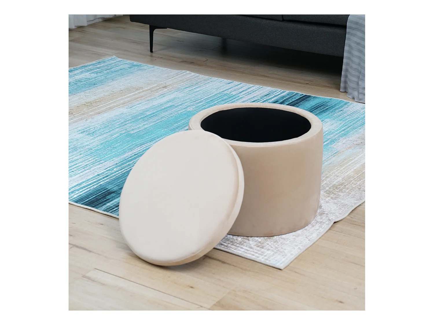 SVITA AMBER Coffre de rangement avec couvercle Tabouret avec espace de rangement Siège Tabouret velours beige