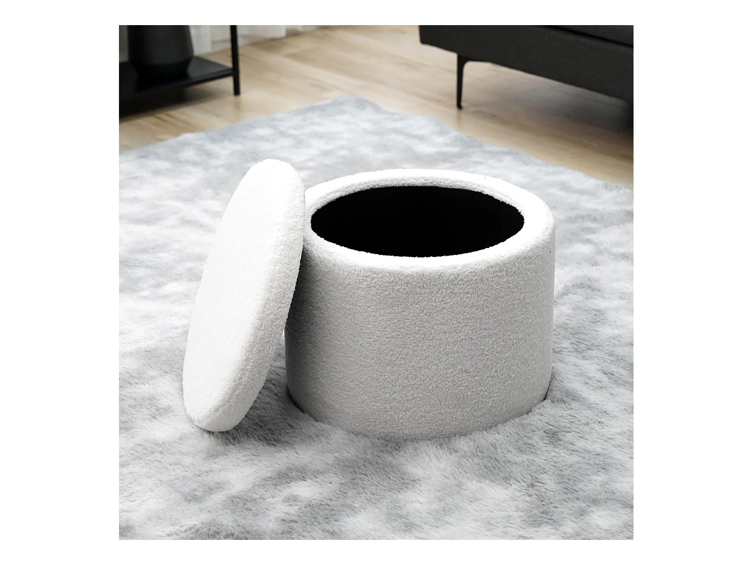 Coffre de rangement SVITA AMBER avec couvercle, tabouret avec espace de rangement, tissu Teddy blanc