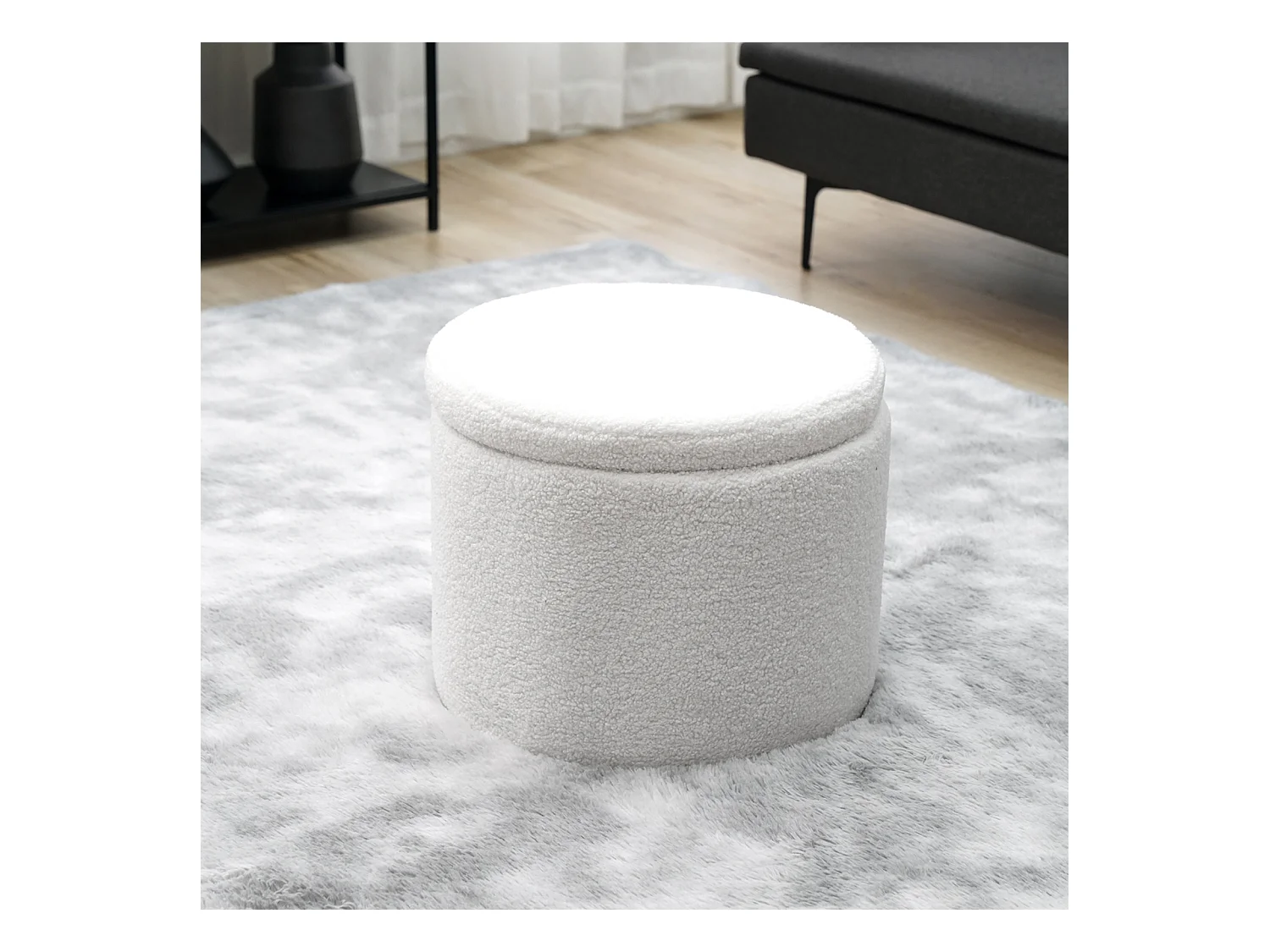 Coffre de rangement SVITA AMBER avec couvercle, tabouret avec espace de rangement, tissu Teddy blanc