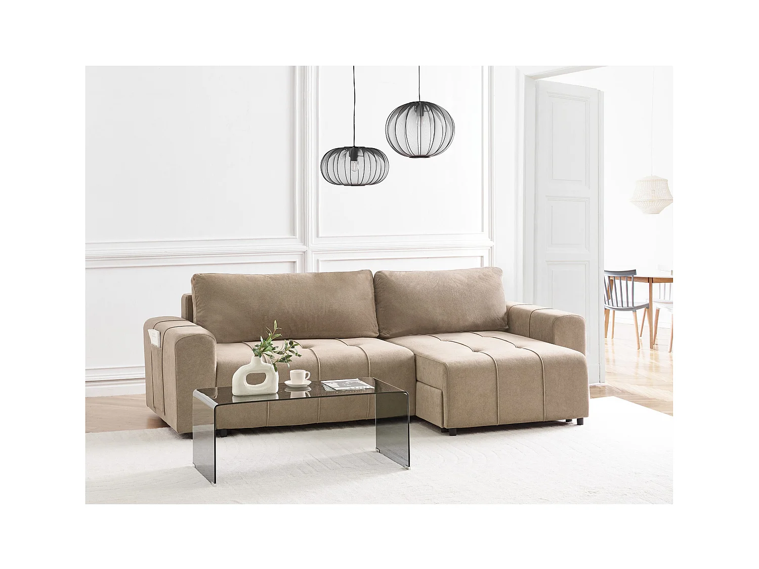 Canapé-lit d'angle 3 places INNVIK Tissu Marron Côté droite