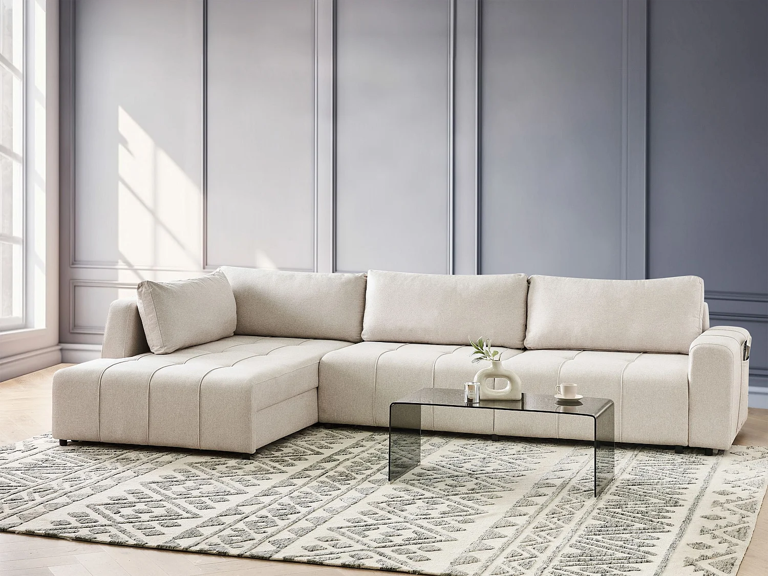 Canapé-lit d'angle 4 places INNVIK Tissu Beige clair avec rangement Côté droit