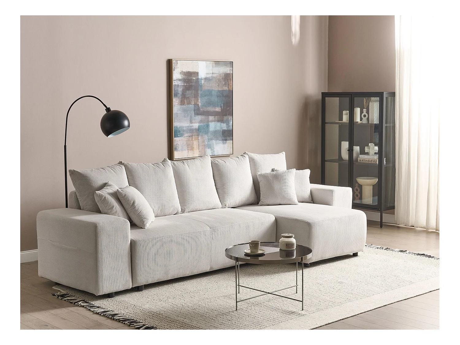 Sofá cama esquinero LUSPA Pana Beige claro con almacenaje 3 plazas Izquierda