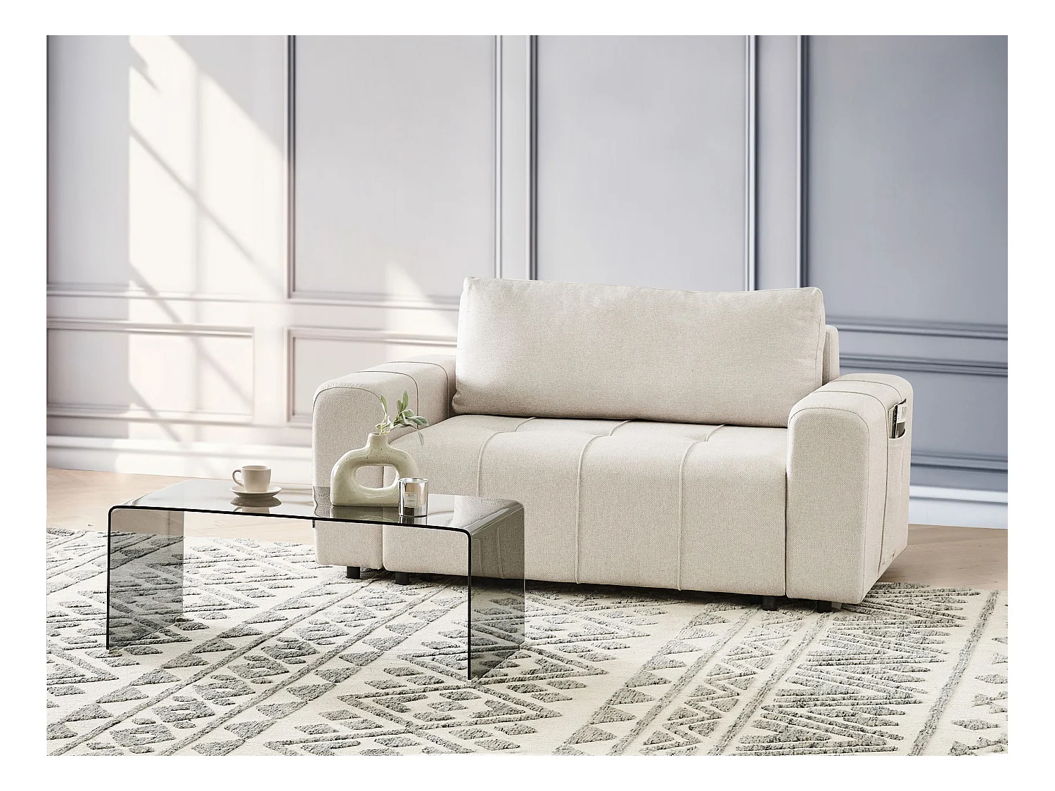 Canapé-lit 2 places INNVIK Tissu Beige clair avec rangement