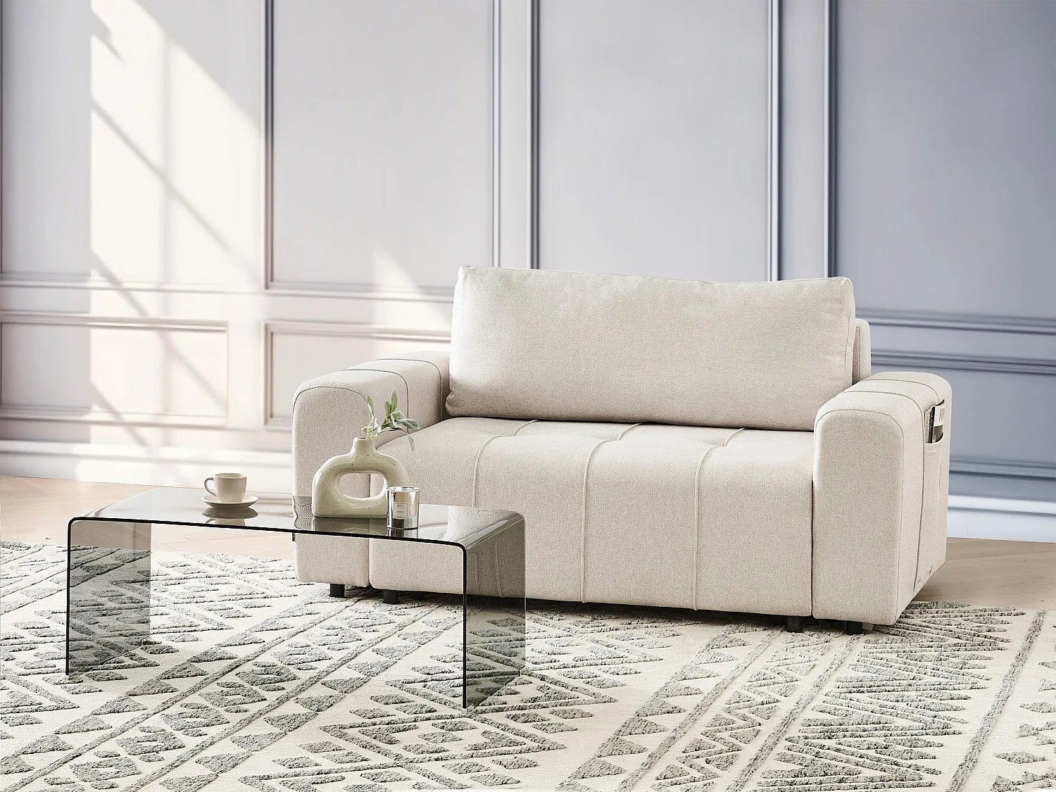 Sofa rozkładana INNVIK Jasnobeżowy ze schowkiem dla 2 osób