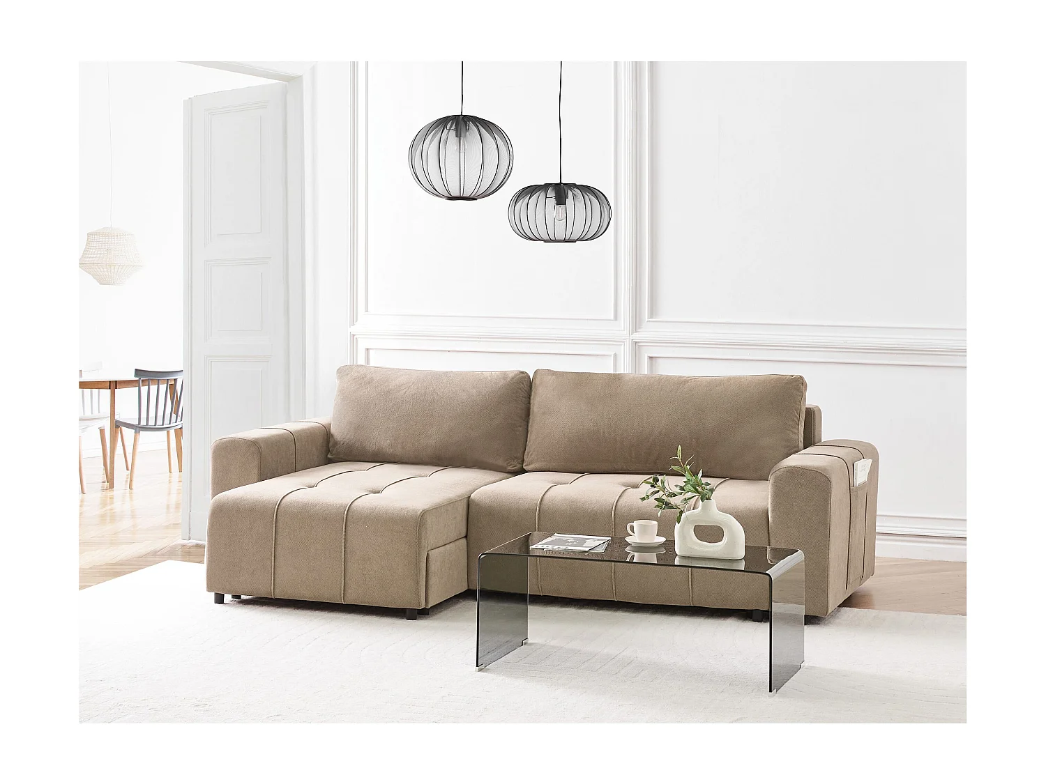 Canapé-lit d'angle 3 places INNVIK Tissu Marron avec rangement Côté droit