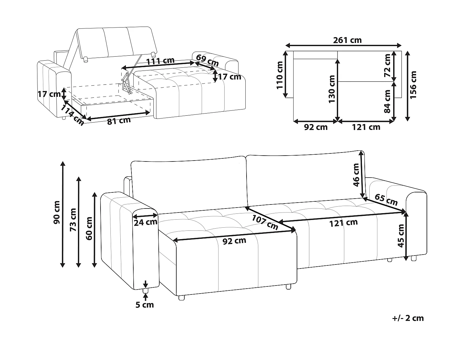 Canapé-lit d'angle 3 places INNVIK Tissu Marron avec rangement Côté droit