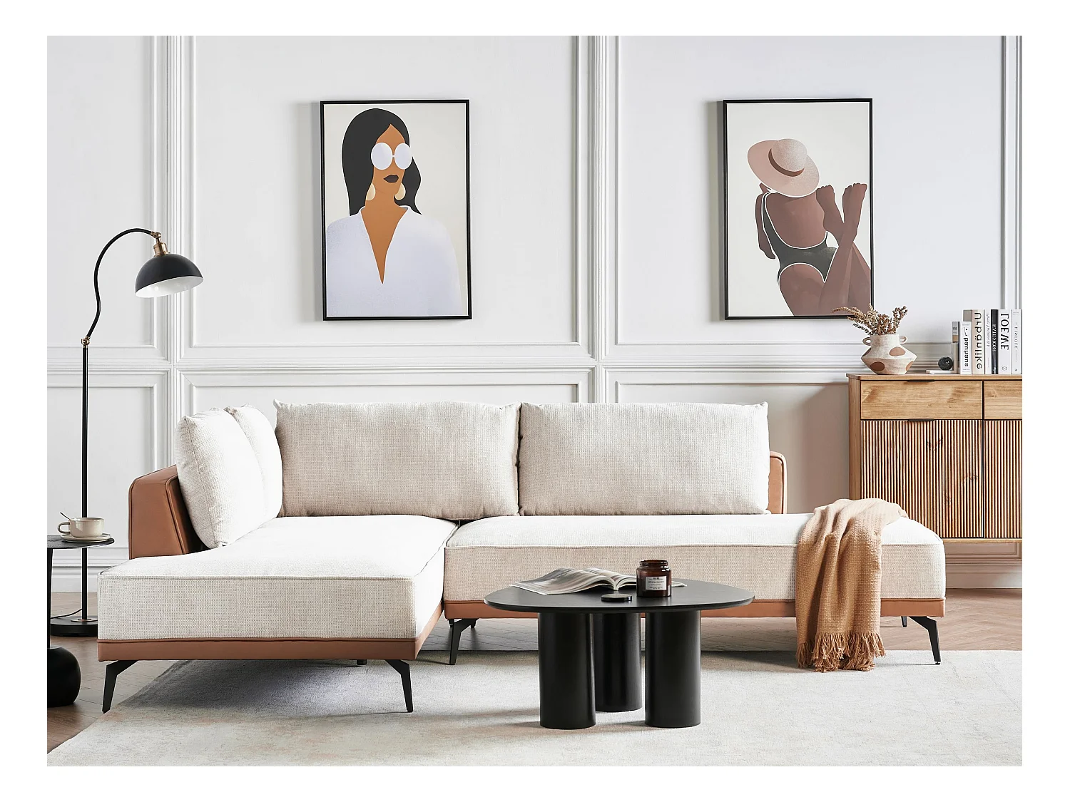 Sofá de canto MYKEN Tecido Creme claro 3 lugares à direita