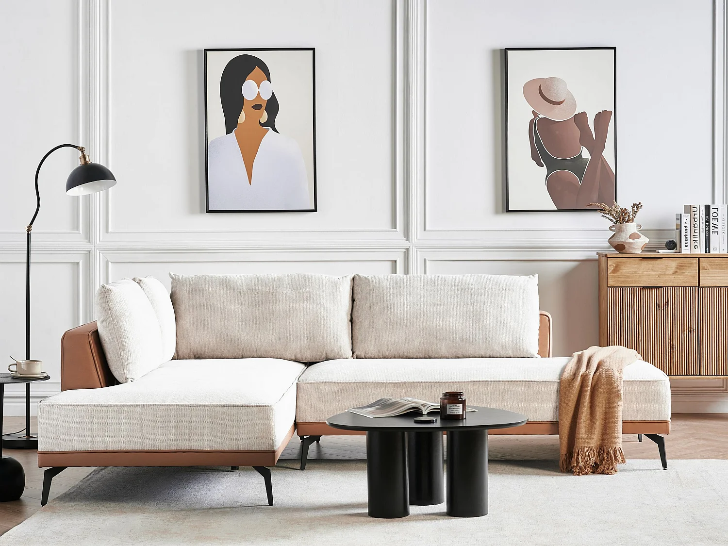 Canapé d'Angle à Droite en Tissu Polyester et Similicuir Pieds en Acier avec Coussins Salon Beige et Marron Myken