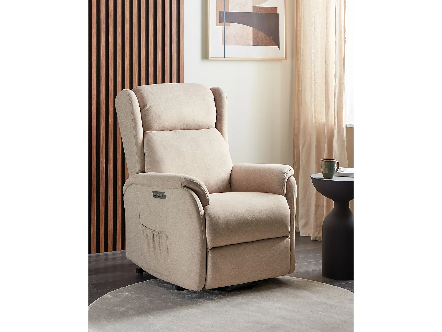 Sessel Stoff beige taupe Aufstehhilfe Relaxfunktion elektrisch verstellbar Elegy