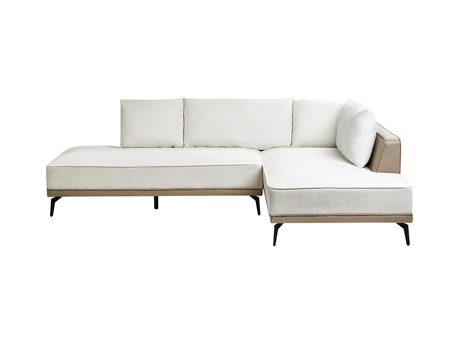 Canapé d'Angle à droite en Tissu Polyester Similicuir Pieds en Acier Coussins Blanc Cassé et Taupe Myken