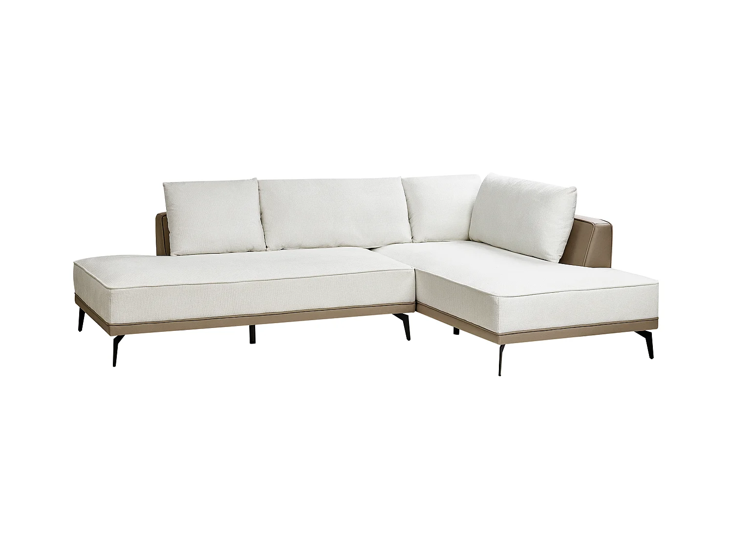 Canapé d'Angle à droite en Tissu Polyester Similicuir Pieds en Acier Coussins Blanc Cassé et Taupe Myken