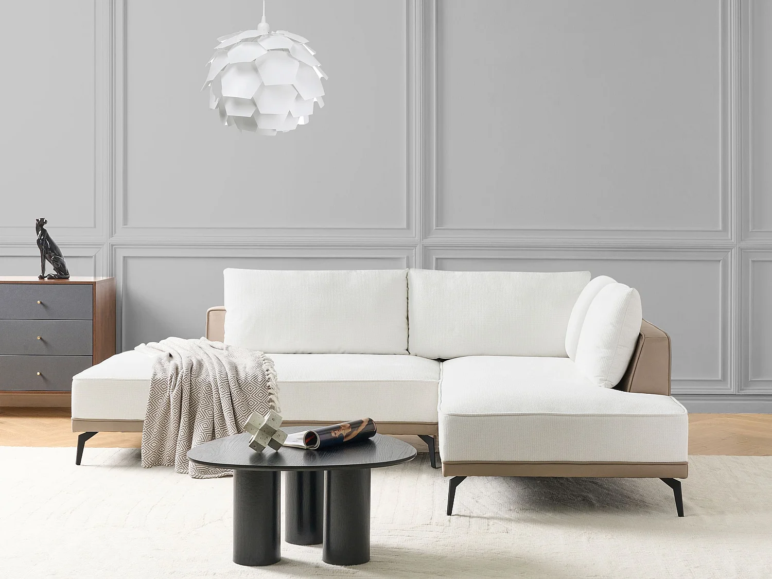 Ecksofa MYKEN Stoff Cremeweiss 3-Sitzer linksseitig