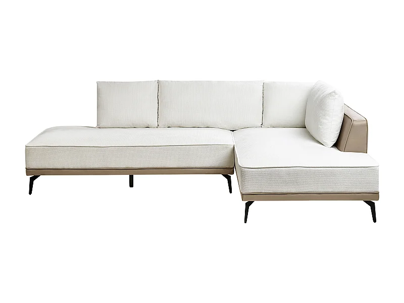 Canapé d'Angle à droite en Tissu Polyester Similicuir Pieds en Acier Coussins Blanc Cassé et Taupe Myken