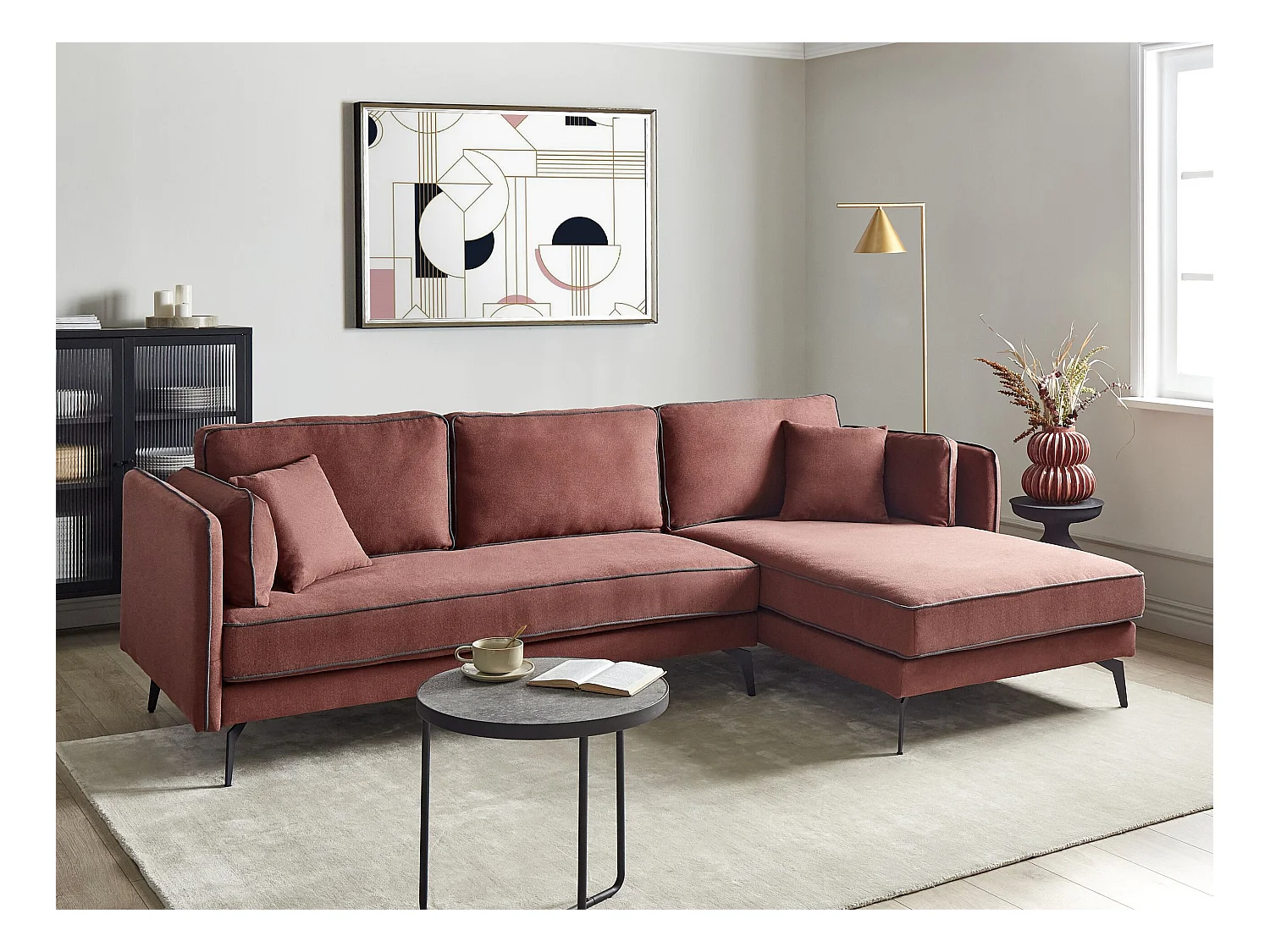 Canapé d'Angle Moderne Côté droite 3 Places avec Coussins Rembourré en Polyester Rouge Bordeaux Altan
