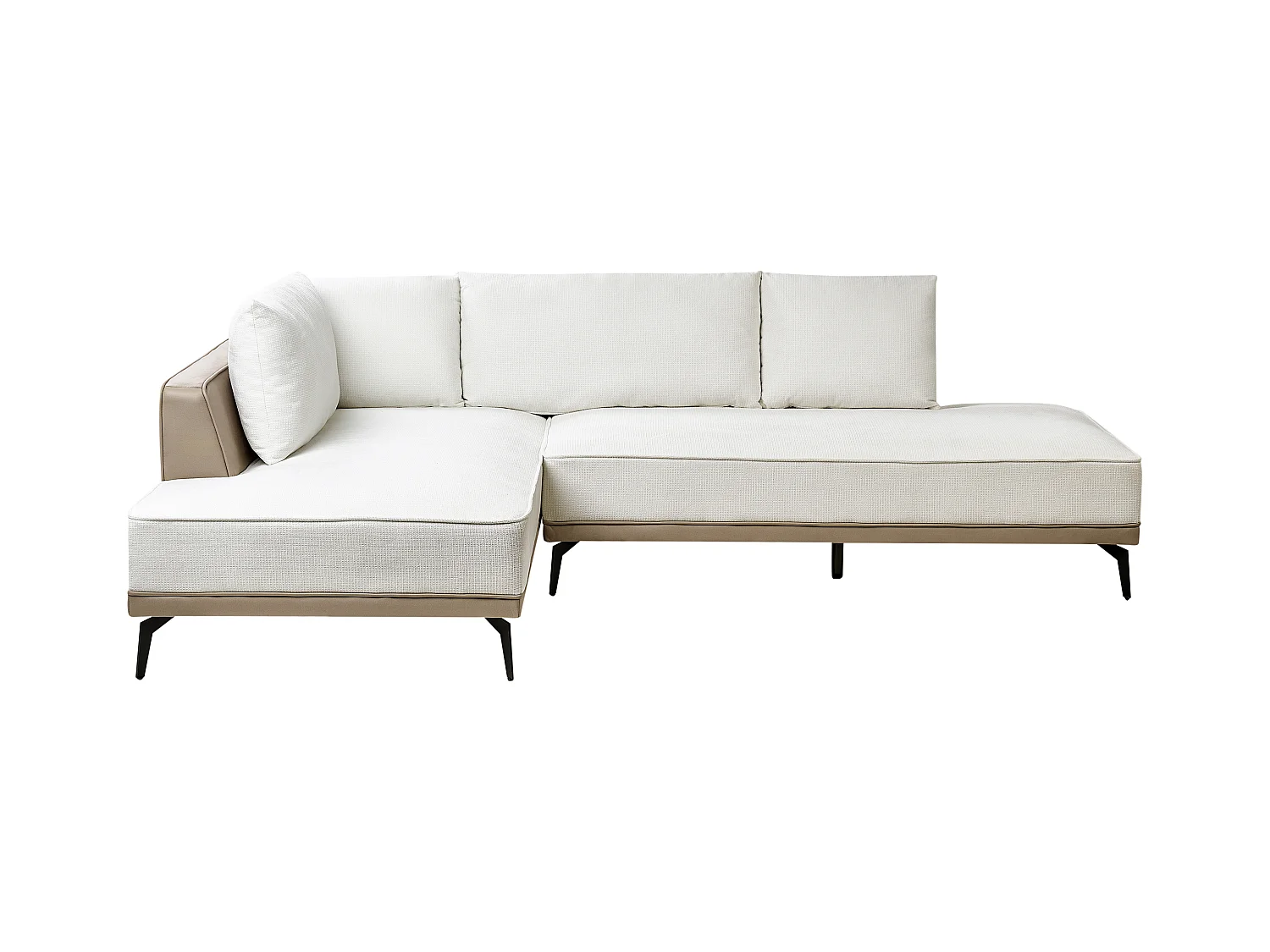Canapé d'Angle à gauche en Tissu Polyester Similicuir Pieds en Acier Coussins Blanc Cassé et Taupe Myken
