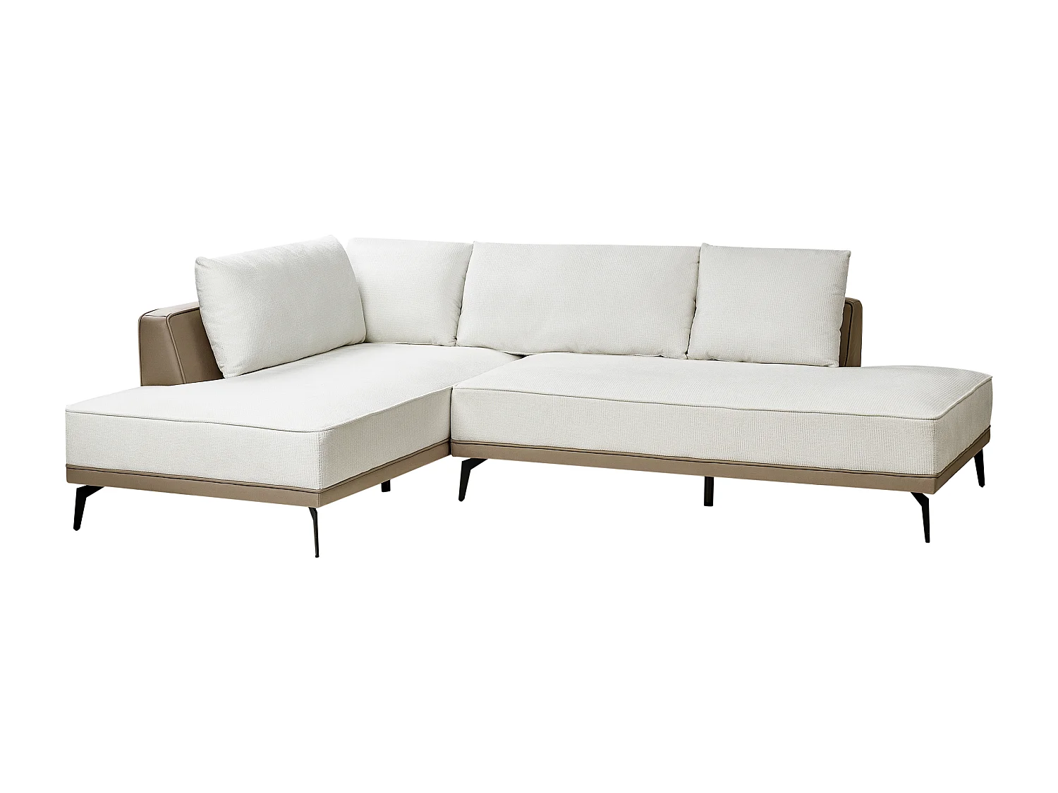 Canapé d'Angle à gauche en Tissu Polyester Similicuir Pieds en Acier Coussins Blanc Cassé et Taupe Myken