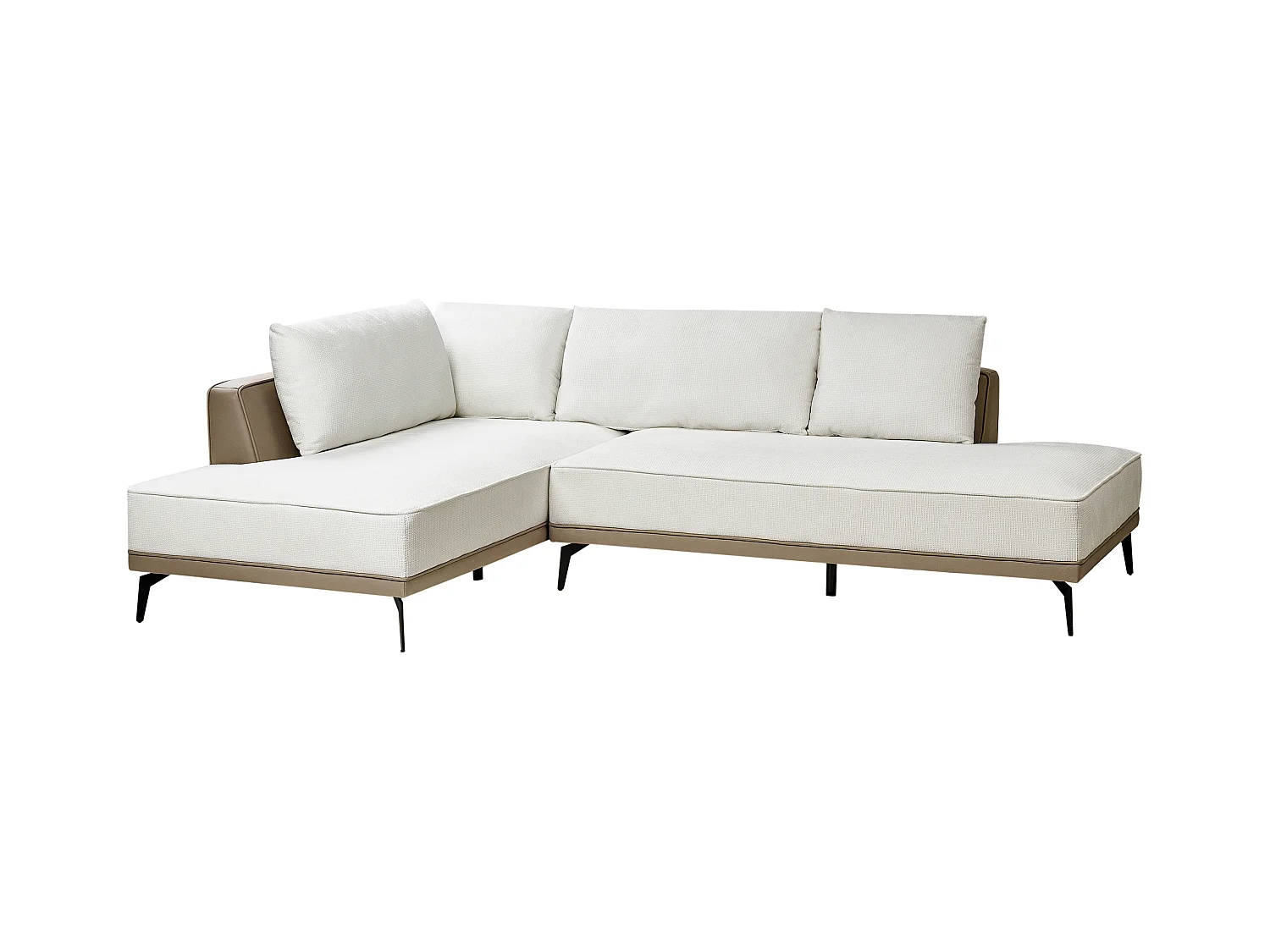 Canapé d'Angle à gauche en Tissu Polyester Similicuir Pieds en Acier Coussins Blanc Cassé et Taupe Myken