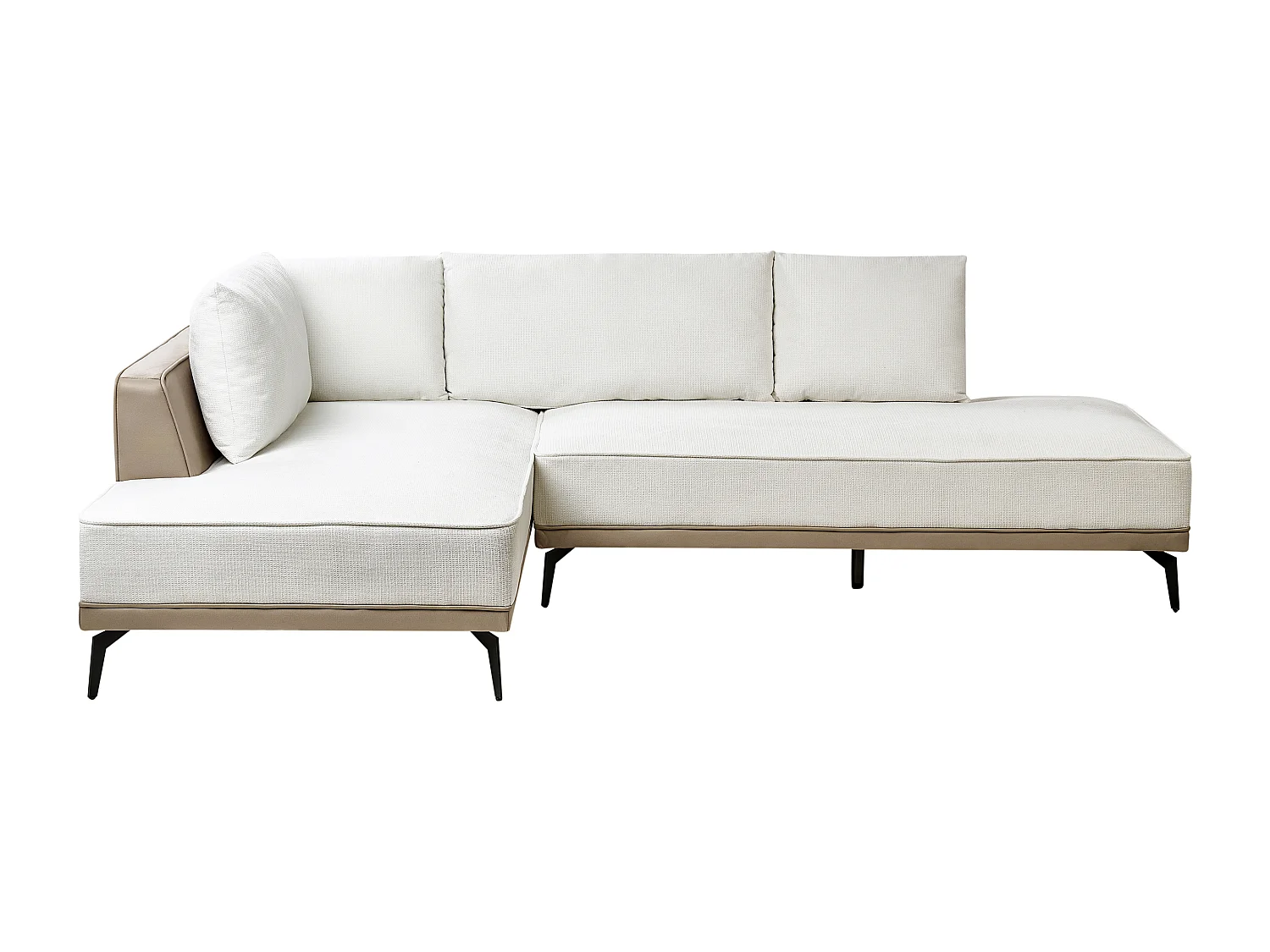 Canapé d'Angle à Droite en Tissu Polyester Similicuir Pieds en Acier Coussins Blanc Cassé et Taupe Myken