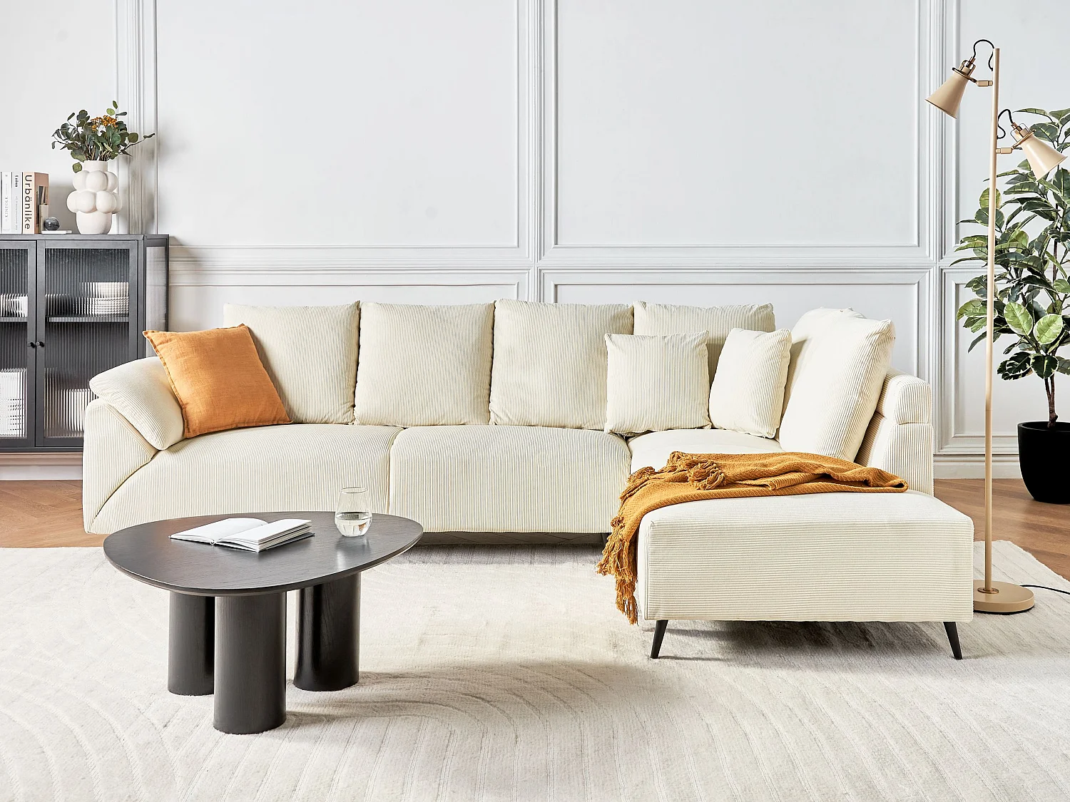 Canapé d'Angle à droite Moderne en Velours Côtelé Pieds en Métal Beige Clair Lunner