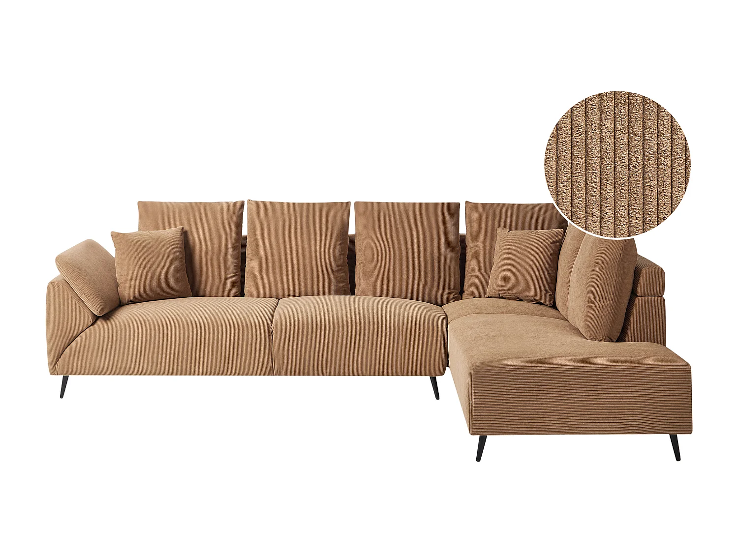 4-Sitzer Ecksofa Cordbezug braun mit schwarzen Metallbeinen Kissen modern Lunner