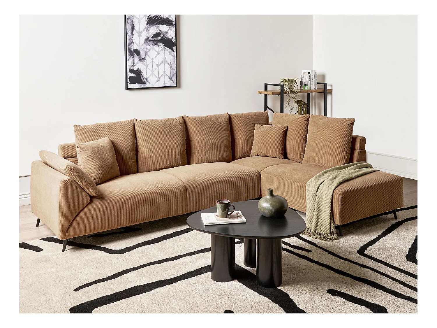 4-Sitzer Ecksofa Cordbezug braun mit schwarzen Metallbeinen Kissen modern Lunner