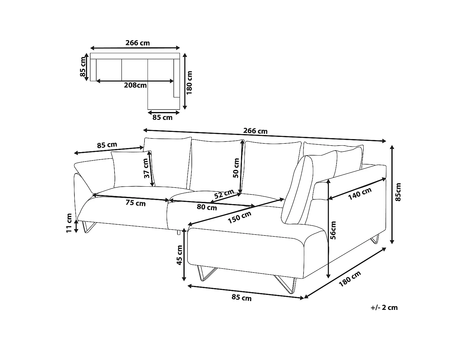 4-Sitzer Ecksofa Cordbezug braun mit schwarzen Metallbeinen Kissen modern Lunner