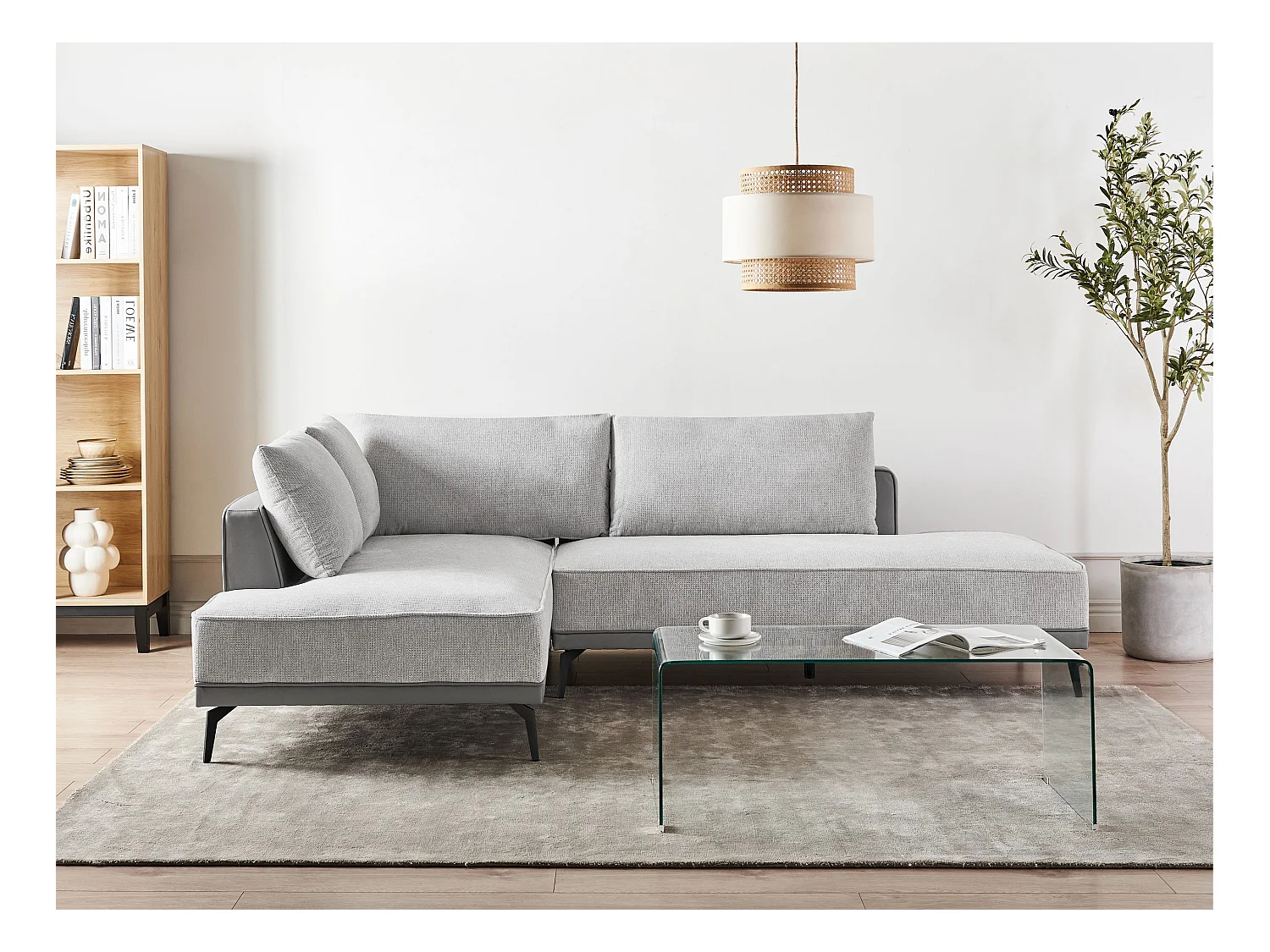 Canapé d'Angle à gauche avec Coussins en Tissu Polyester et Similicuir Gris et Noir Myken