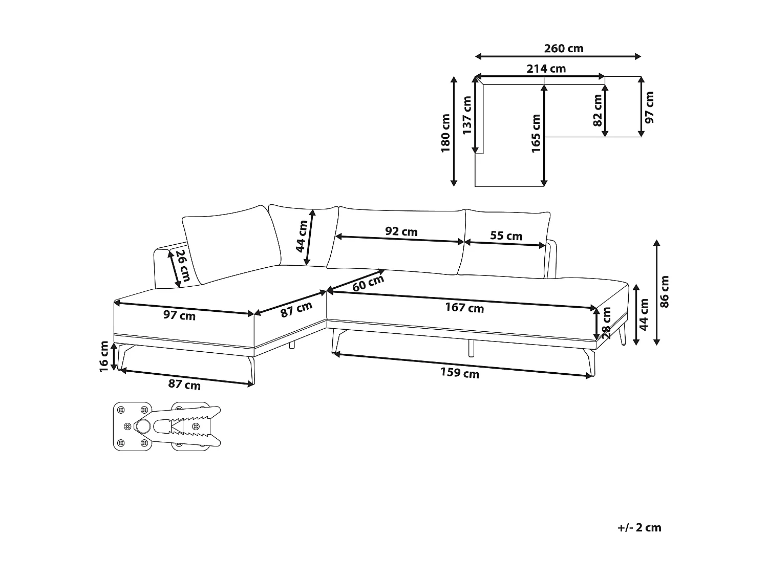 Canapé d'Angle à Droite avec Coussins en Tissu Polyester et Similicuir Gris et Noir Myken