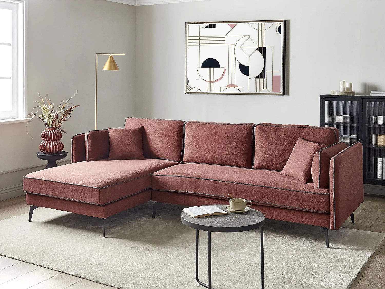 Canapé d'Angle à gauche Moderne en Tissu Polyester Rembourré avec Coussins Bordeaux Altan