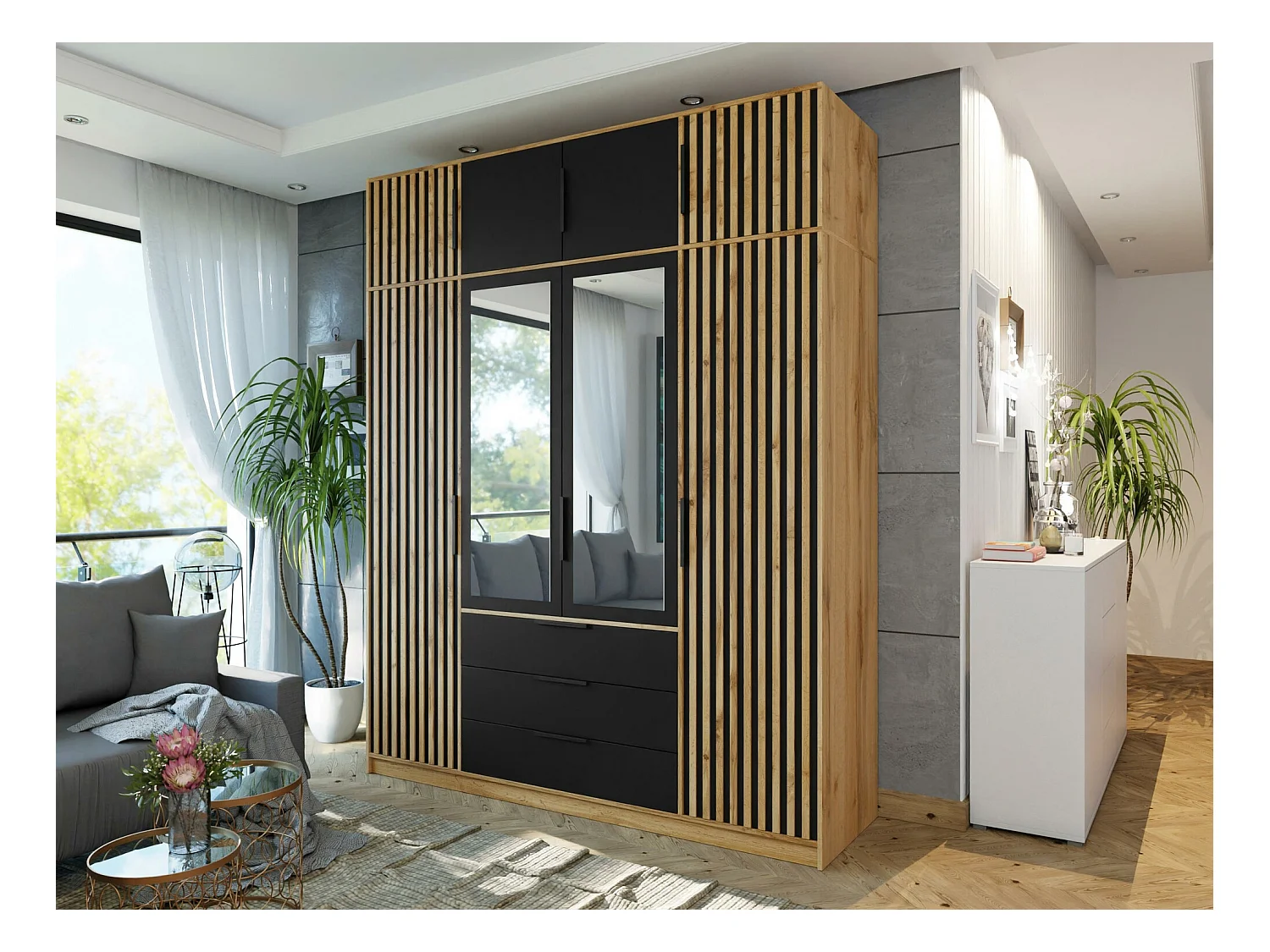 Armario Enolevo 108, Negro|Roble wotan, 200x196x58cm, Puertas de armario: Con bisagras