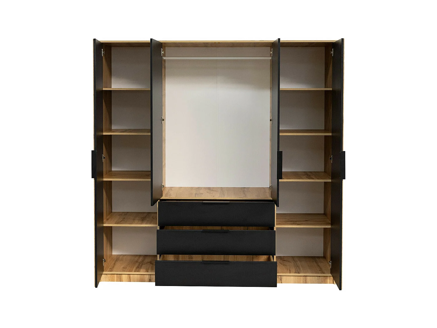 Armario Enolevo 108, Negro|Roble wotan, 200x196x58cm, Puertas de armario: Con bisagras