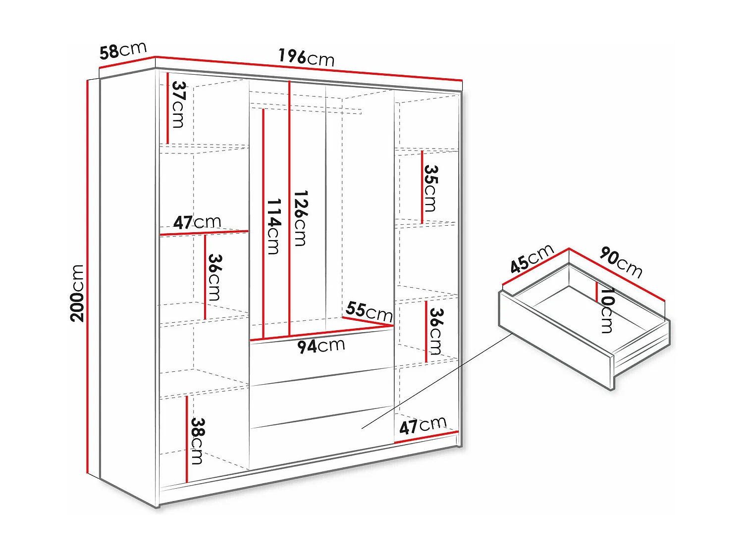 Armario Enolevo 108, Negro|Roble wotan, 200x196x58cm, Puertas de armario: Con bisagras