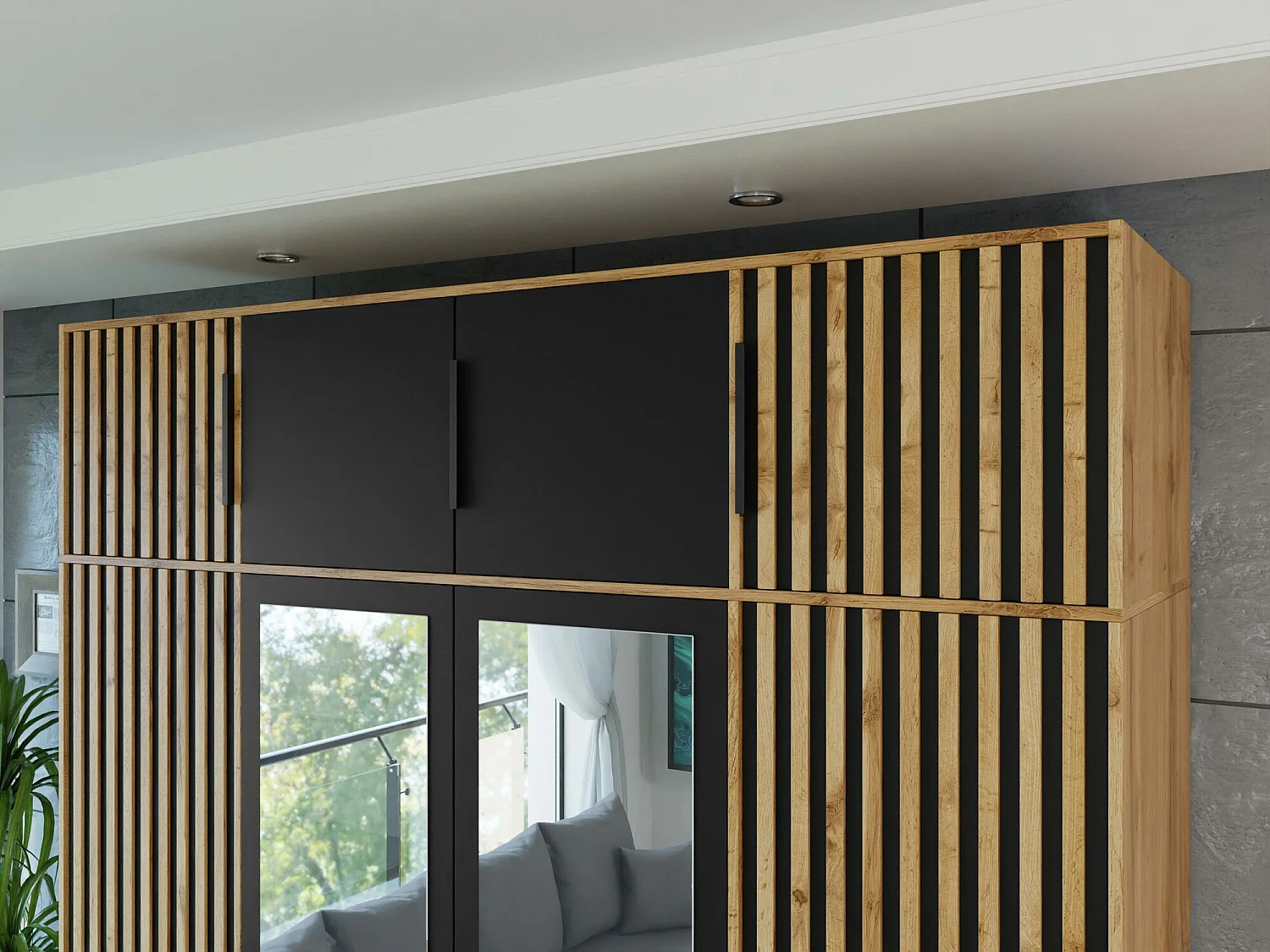 Armario Enolevo 108, Negro|Roble wotan, 200x196x58cm, Puertas de armario: Con bisagras