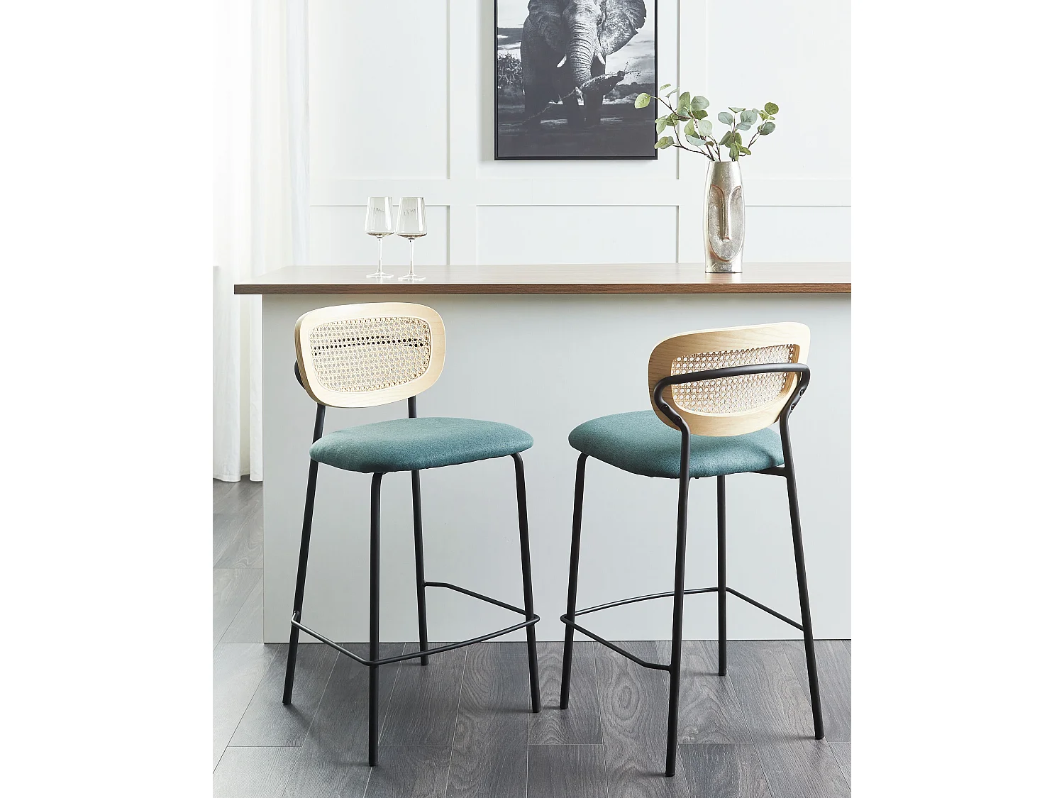 Lot de 2 chaises de bar MAYETTA Rotin Bleu paon