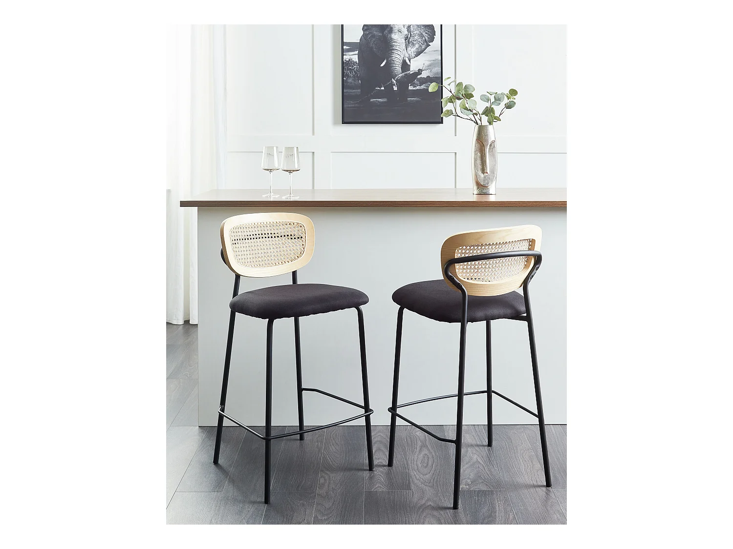 2er Set Moderne Barstühle Wiener Geflecht Rattan Rückenlehne Hocker Polyester Sitz ohne Armlehne Schwarze Beine Schwarz Mayetta