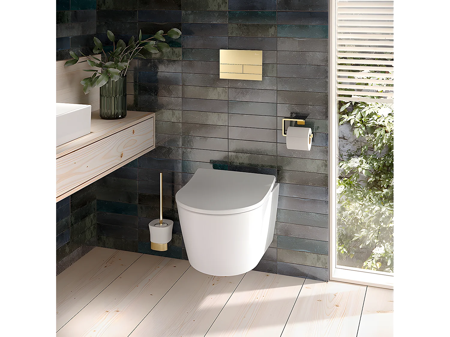 Conjunto De Molduras Para Vasos Sanitários Ocultos Rea T Brush Gold + Botão Tipo Para Estrutura De Sanita Oculta T