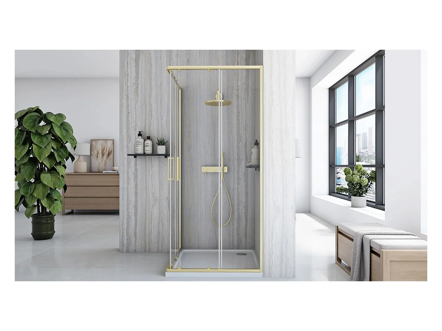 Duschkabine Rea City 80X100 Brush Gold + Duschtasse Savoy Black