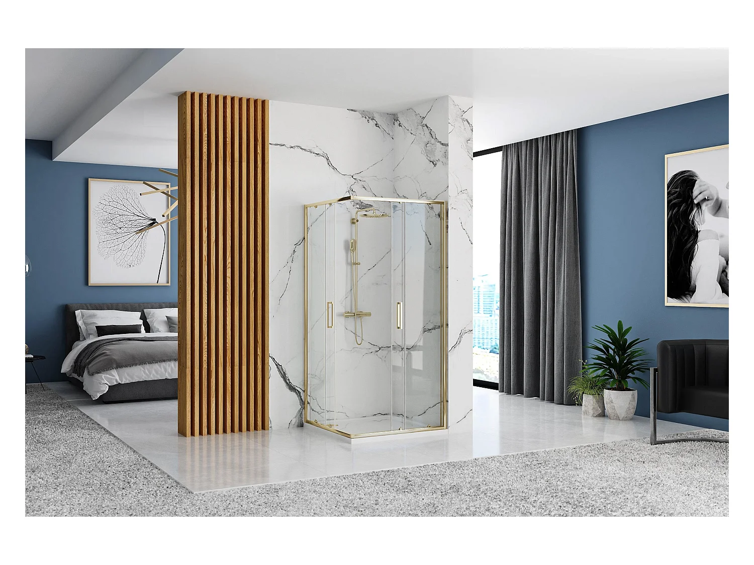 Cabine De Douche Rea Punto 80X100 Gold + Receveur De Douche Savoy Black