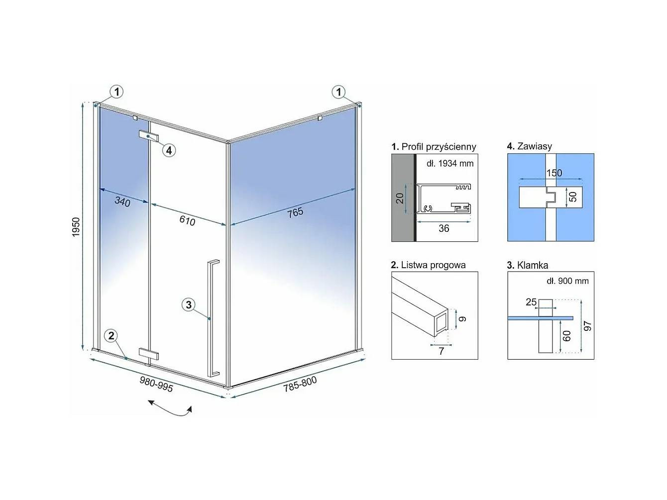 Duschkabine Rea Fargo 80X100 Gold + Duschtasse Savoy Black