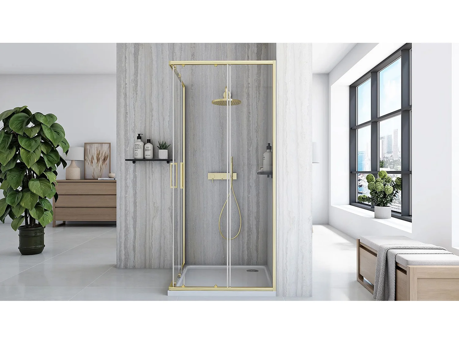 Cabine De Douche Rea City 90X90 Brush Gold + Receveur De Douche Savoy Black