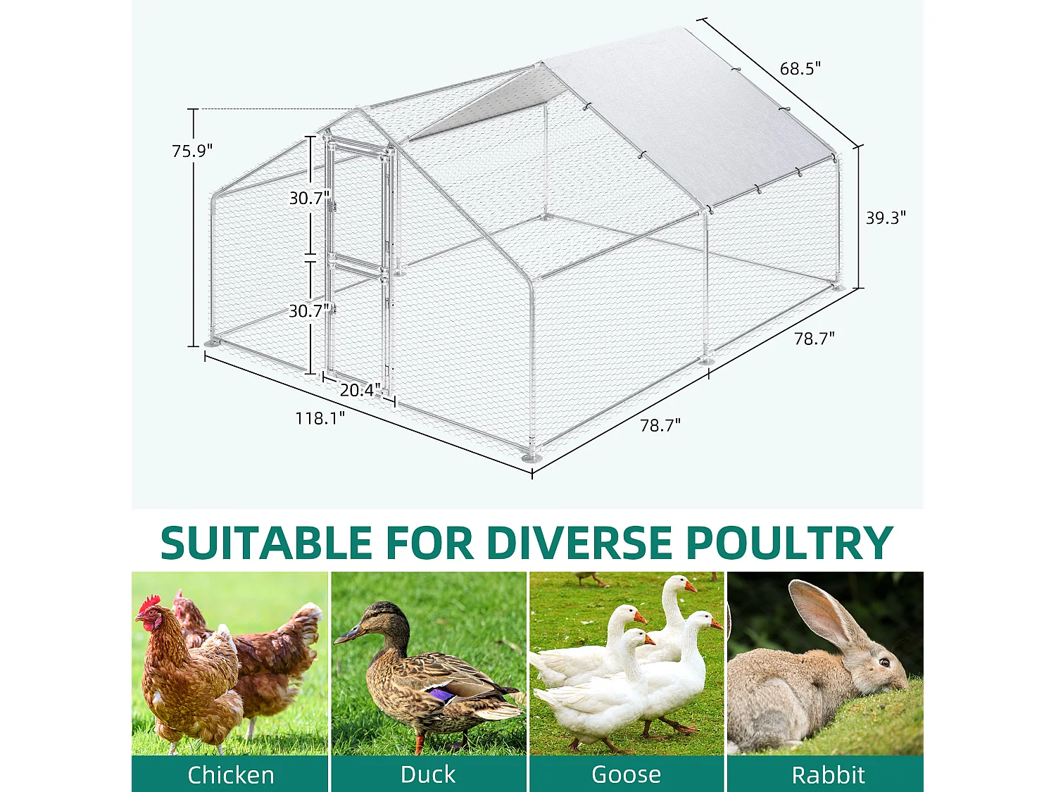 YITAHOME Enclos Poulailler - 12 m² - Enclos Poule Parc grillagé - Acier galvanisé