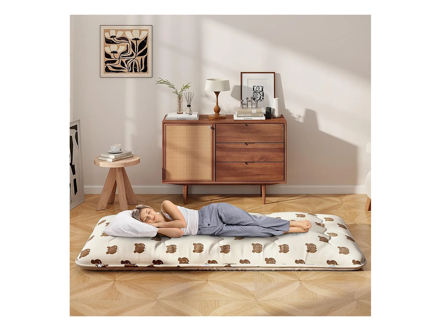 Matelas Futon Portable Pliable, Futon Japonais 90 x 200 cm, Housse Lavable, Matelas de Sol avec Sac de Transport, pour Le Camping, Les Voyages, Beige | Petit Ours